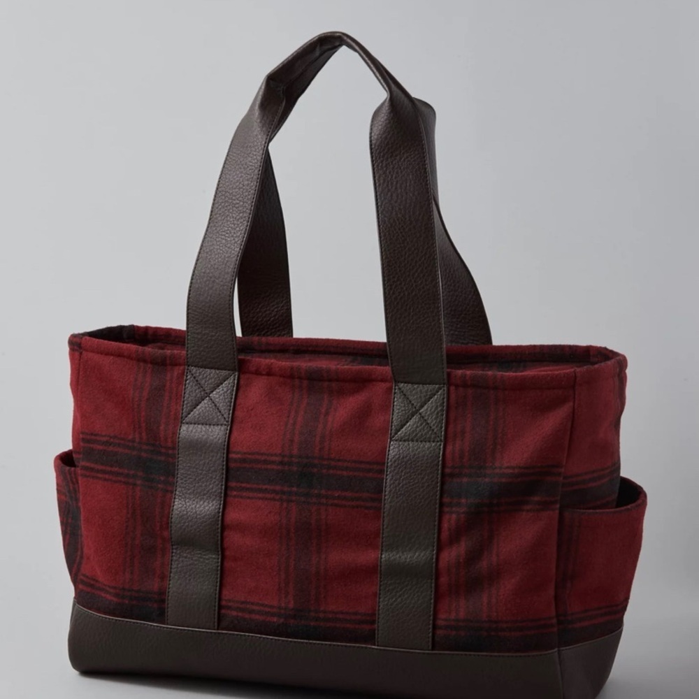 American Eagle Outfitters Red Plaid Duffel Tote with Brown Trim new